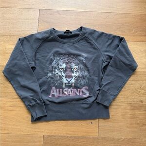 AllSaints Charcoal Gray Tiger Graphic Sweatshirt with Pink Accent